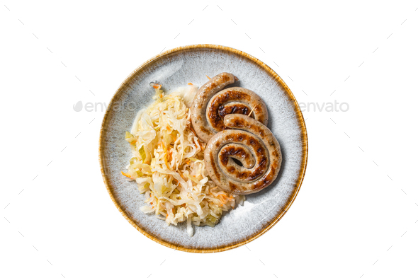 Roast Bavarian Spiral Meat Sausages On A Plate With Sauerkraut